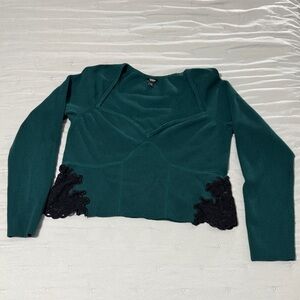 Express Teal Long Sleeve Crop Top with Black Lace